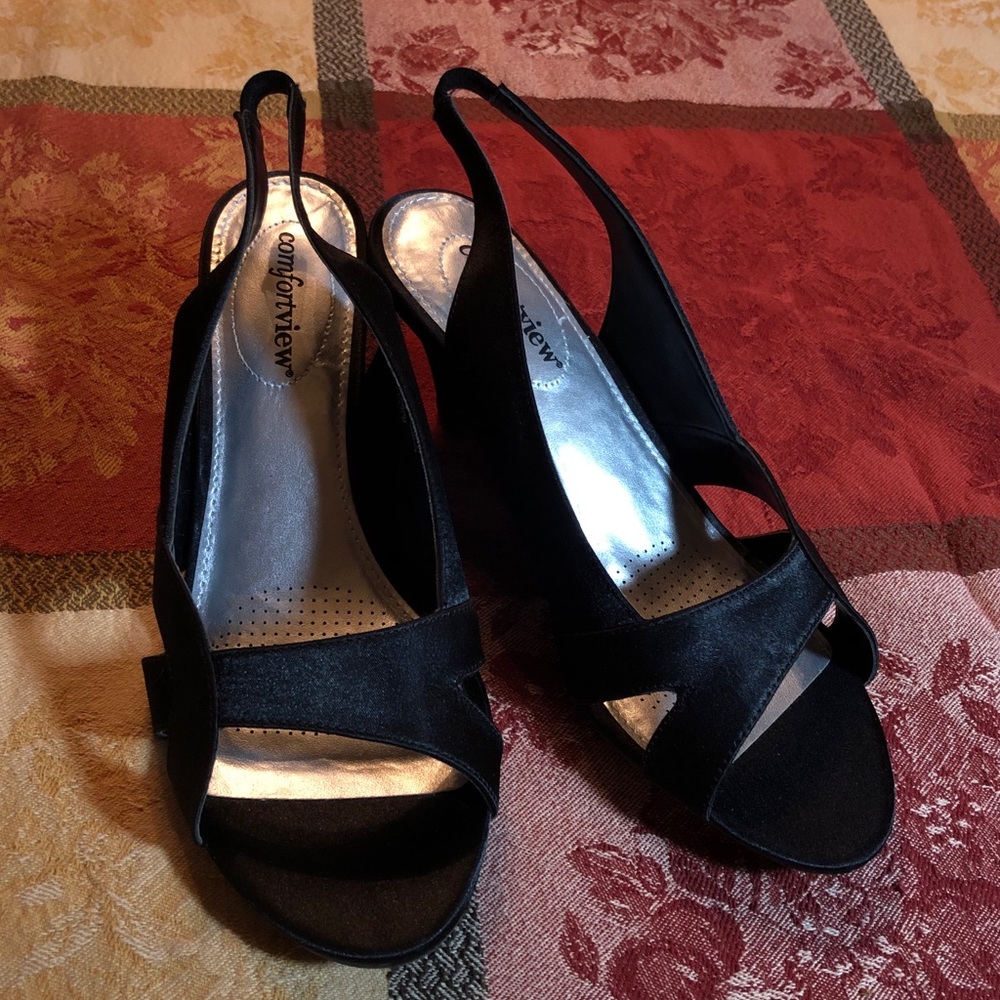 Comfortview Black Satin Wide Sling Back heels